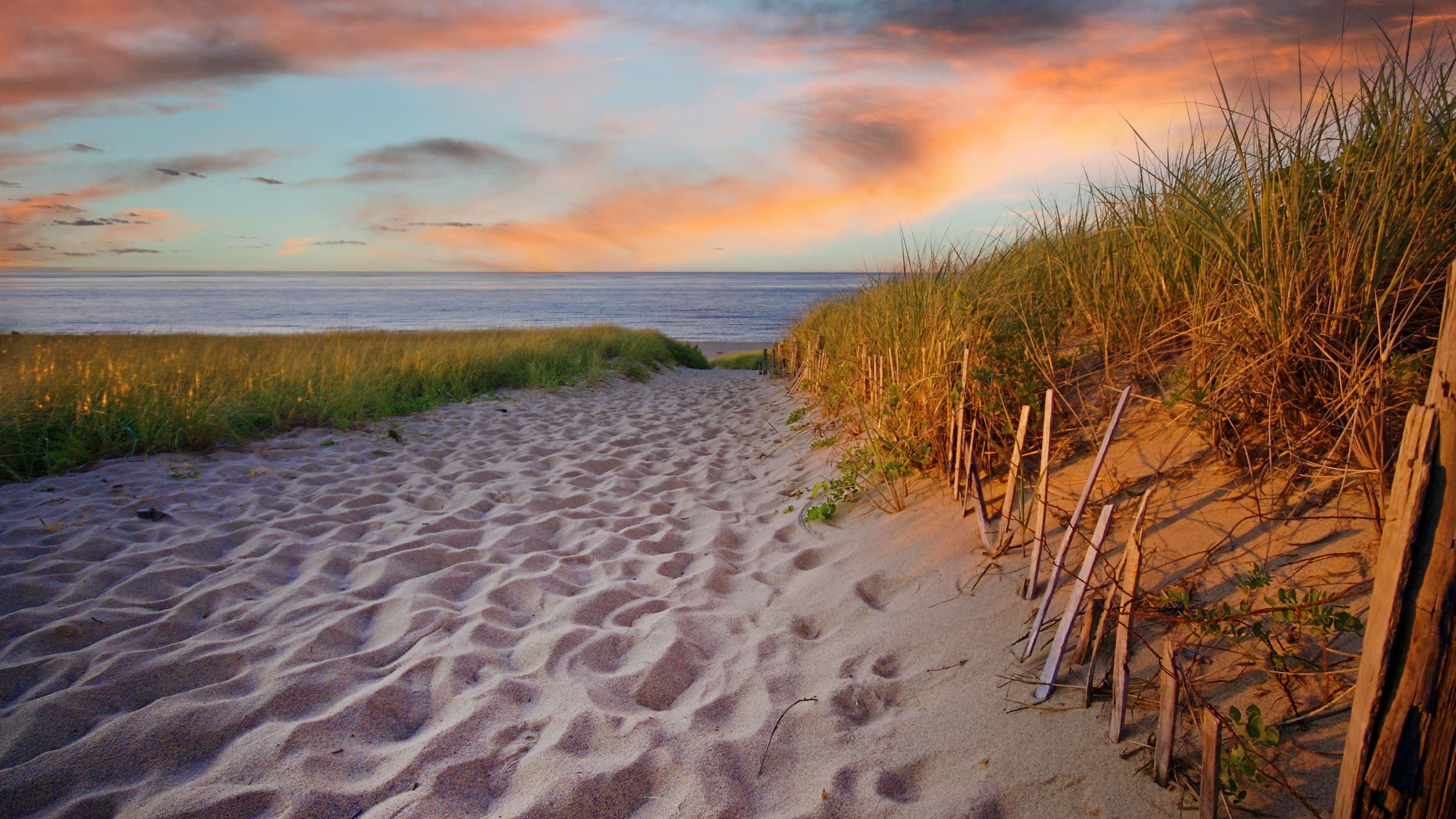 A sandy walk up to a beach in Cape Cod