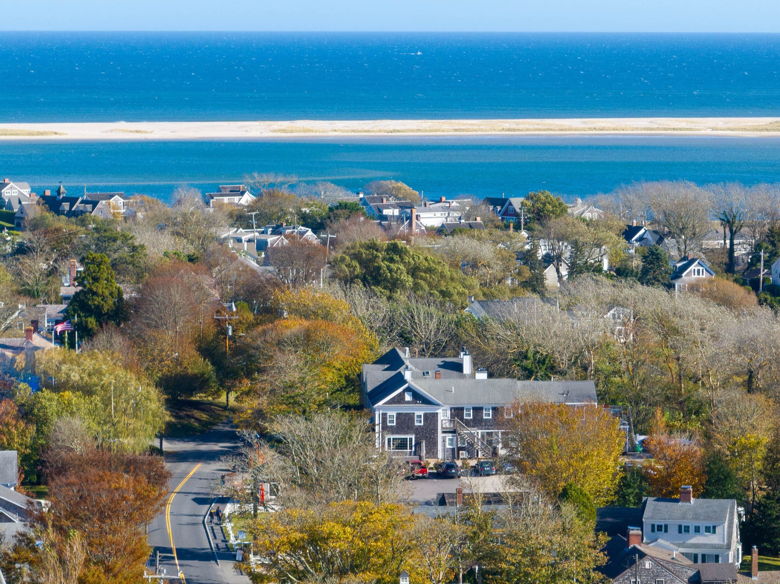 A scenic aerial view of Cape Cod in the fall