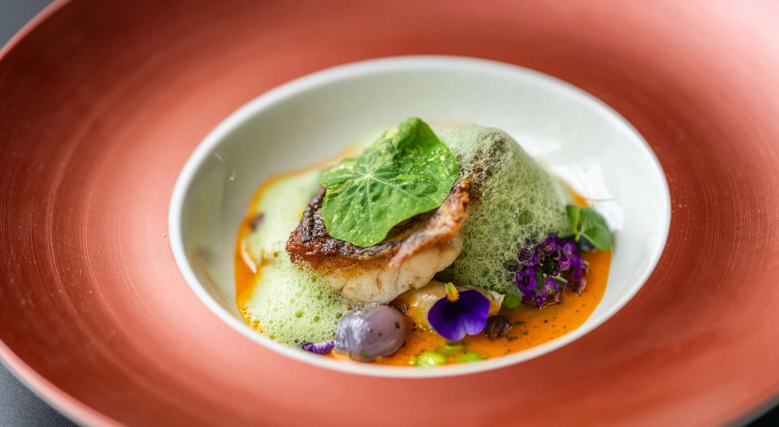 A gorgeous fish dish with herbs, flowers, green foam and a red sauce at Cuveé restaurant