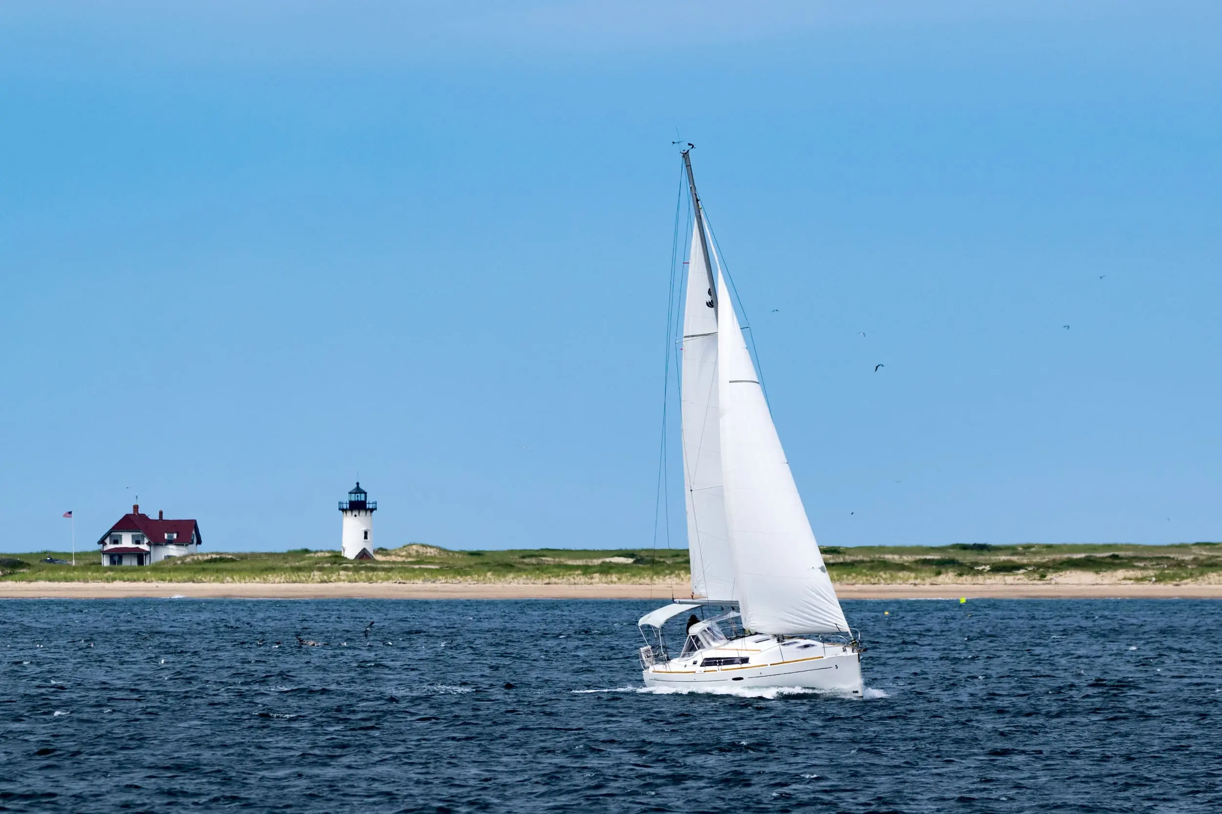 A sailboat in the water with a lighthouse on teh shoreline