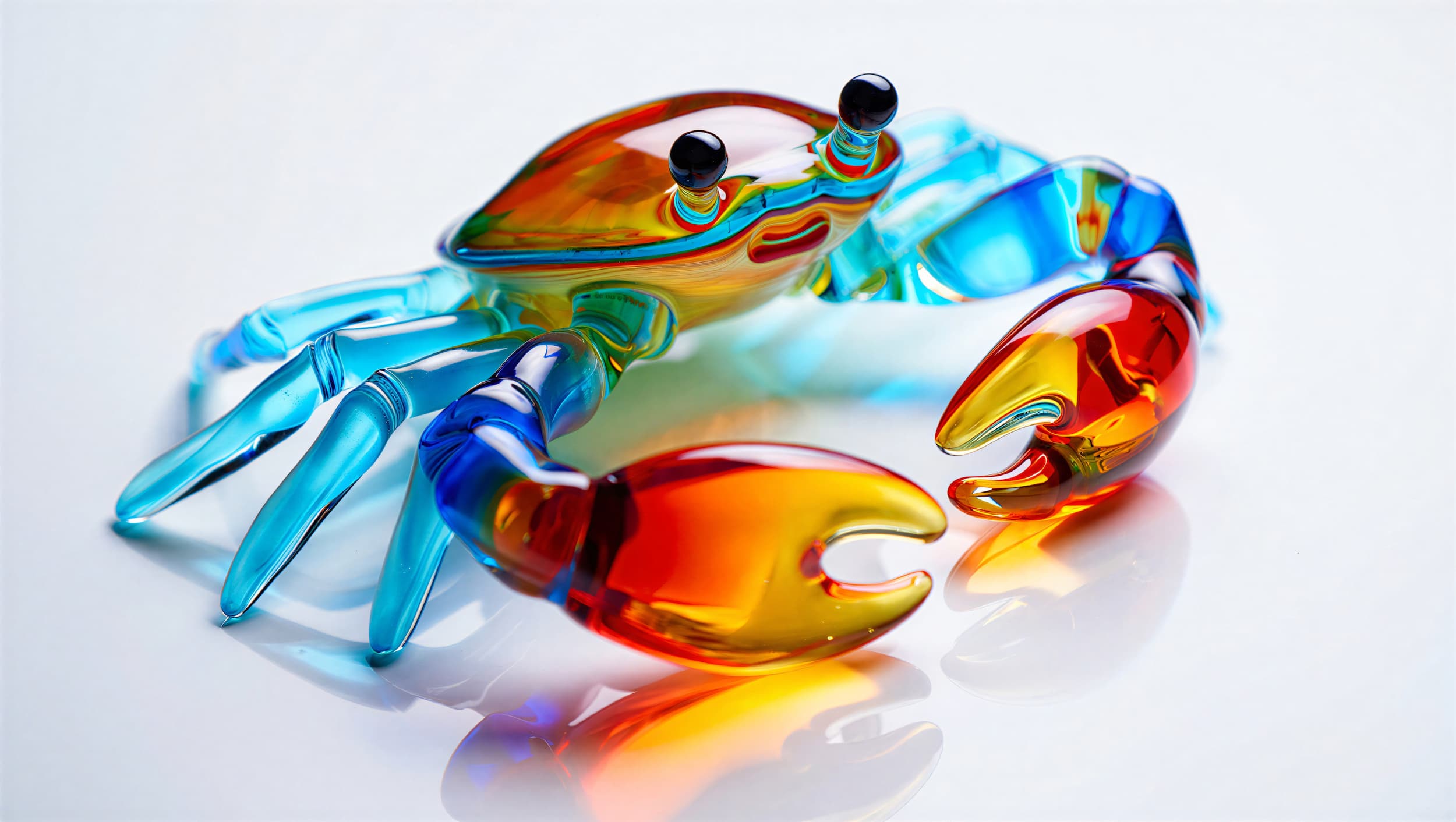 Dynamic Glass Crab Art Piece On White Background, Elongated Body, Vibrant Colors, Artistic Marine Animal Sculpture, Studio Shot