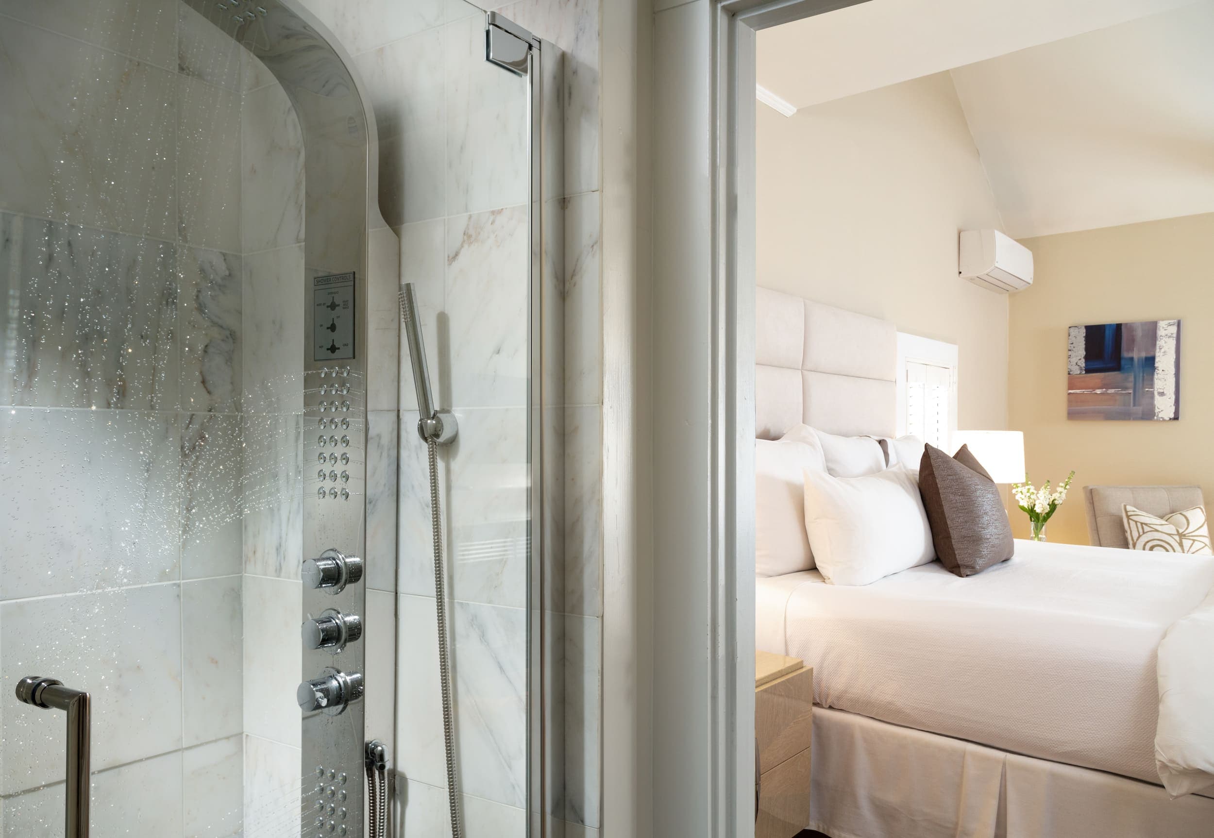 The shower just off the bedroom in room 16 at Chatham Inn